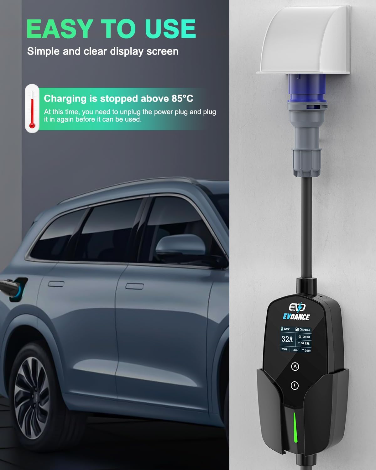 EVDANCE 32A Type 2 EV Charger  - Portable Ev Charger 32A Type 2 Cee Plug review and price